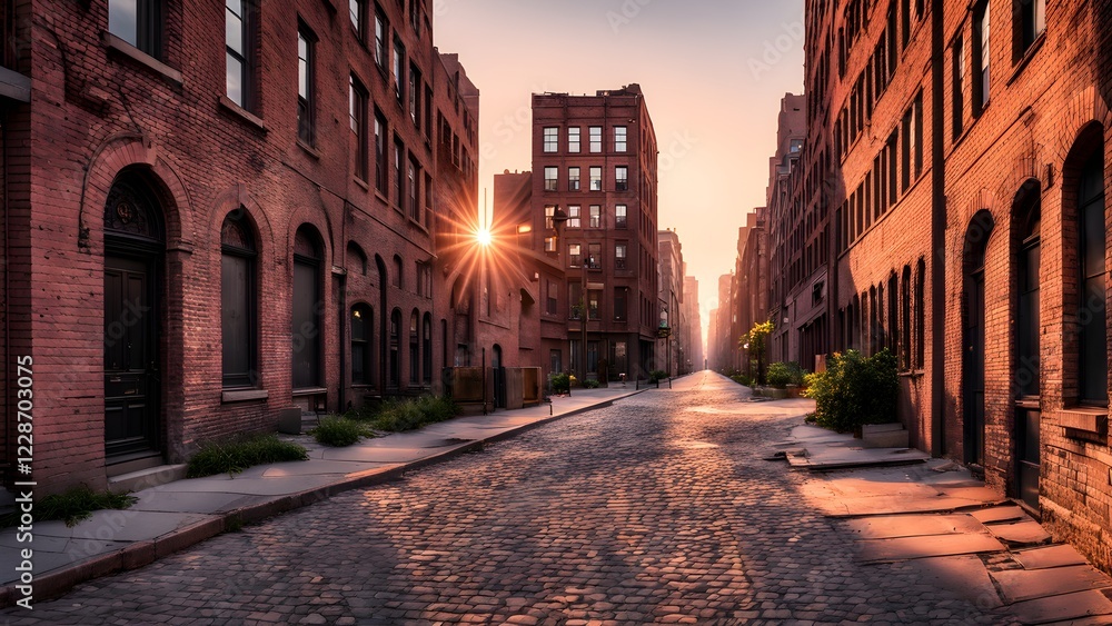 Fototapeta premium Sun rays illuminate a cobblestone street between rows of vintage red brick buildings at sunrise.