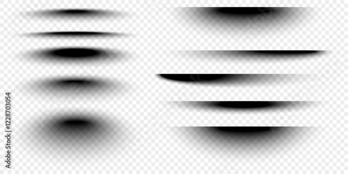 Shadows effects set. Different realistic soft black shapes. Divider lines, round and oval shades. Vector illustration isolated on transparent background.