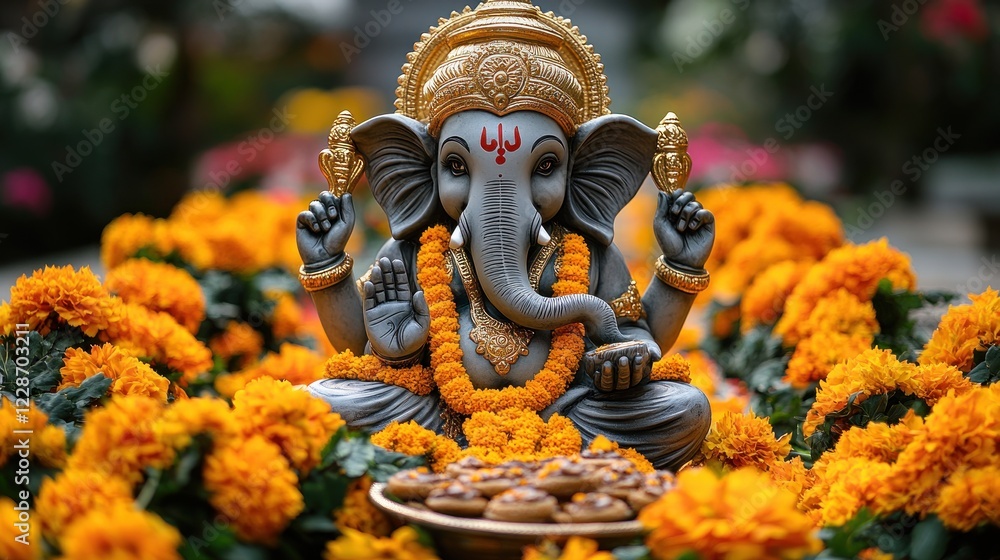 Fototapeta premium Ganesha statue amidst marigolds, festival offering