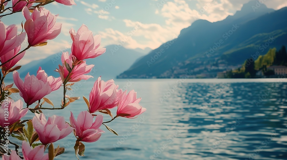 Italian Lake Villa Adorned with Vibrant Pink Flowers Against Majestic Mountains - A Picturesque Scene Italian Lake Villa Adorned with Vibrant Pink Flowers Against Majestic Mountains - A Picturesque Scene