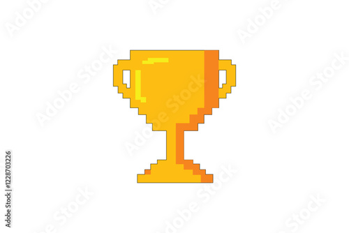 Pixel art golden trophy, 8 bit gold cup icon, vector game, logo, idea icon, win, champion, on white background.