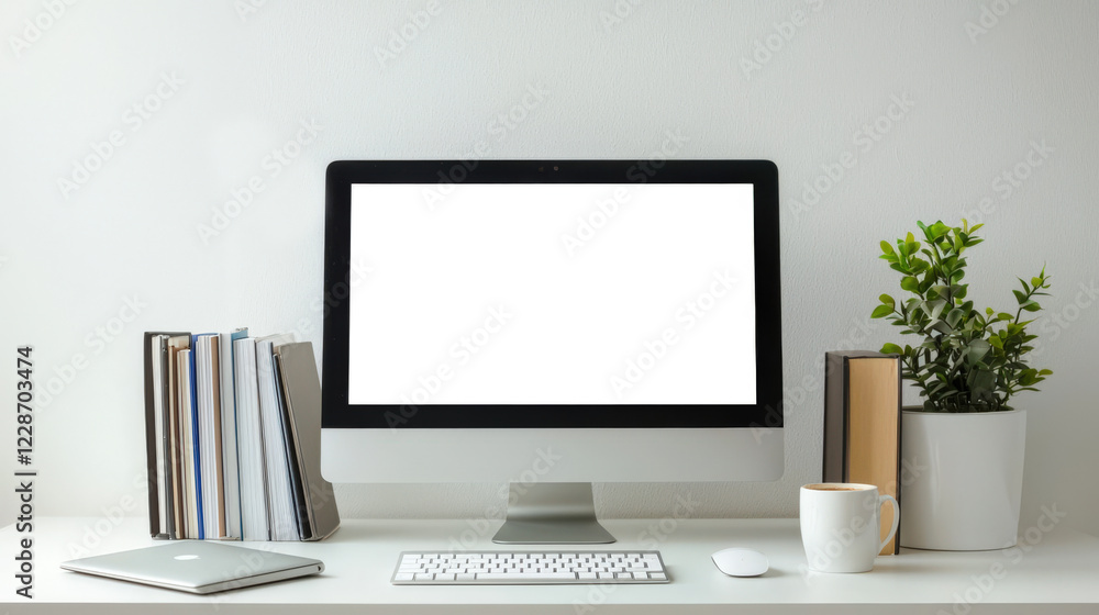 A stylish office workplace. A mockup of a computer monitor standing on a white desk with a potted plant, keyboard, mouse, cup of coffee and a stack of books. The table is clean and tidy A stylish office workplace. A mockup of a computer monitor standing on a white desk with a potted plant, keyboard, mouse, cup of coffee and a stack of books. The table is clean and tidy
