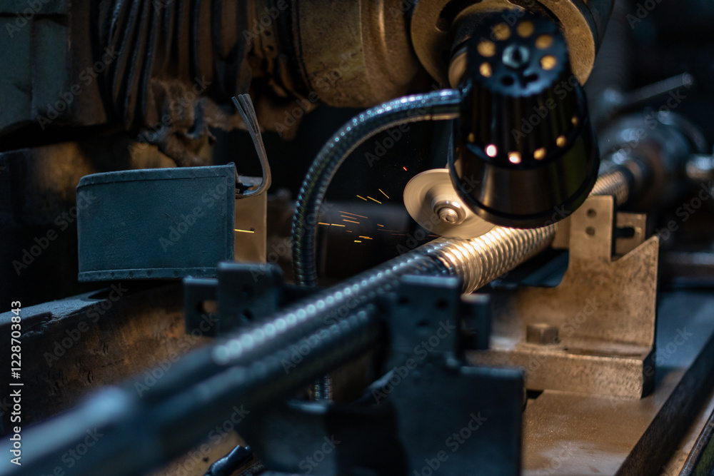 A spinning grinder machine is sharpening the ridged edges on a broach tool inside of a manufacturing company. A spinning grinder machine is sharpening the ridged edges on a broach tool inside of a manufacturing company.