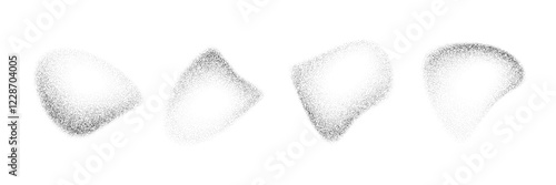 Liquid fading dotted gradient drop shapes. Black stippled object set. Grainy spray spots and stains. Noise splashes and splatters forms. Dissolve sand dust texture. Vector fluid halftone elements