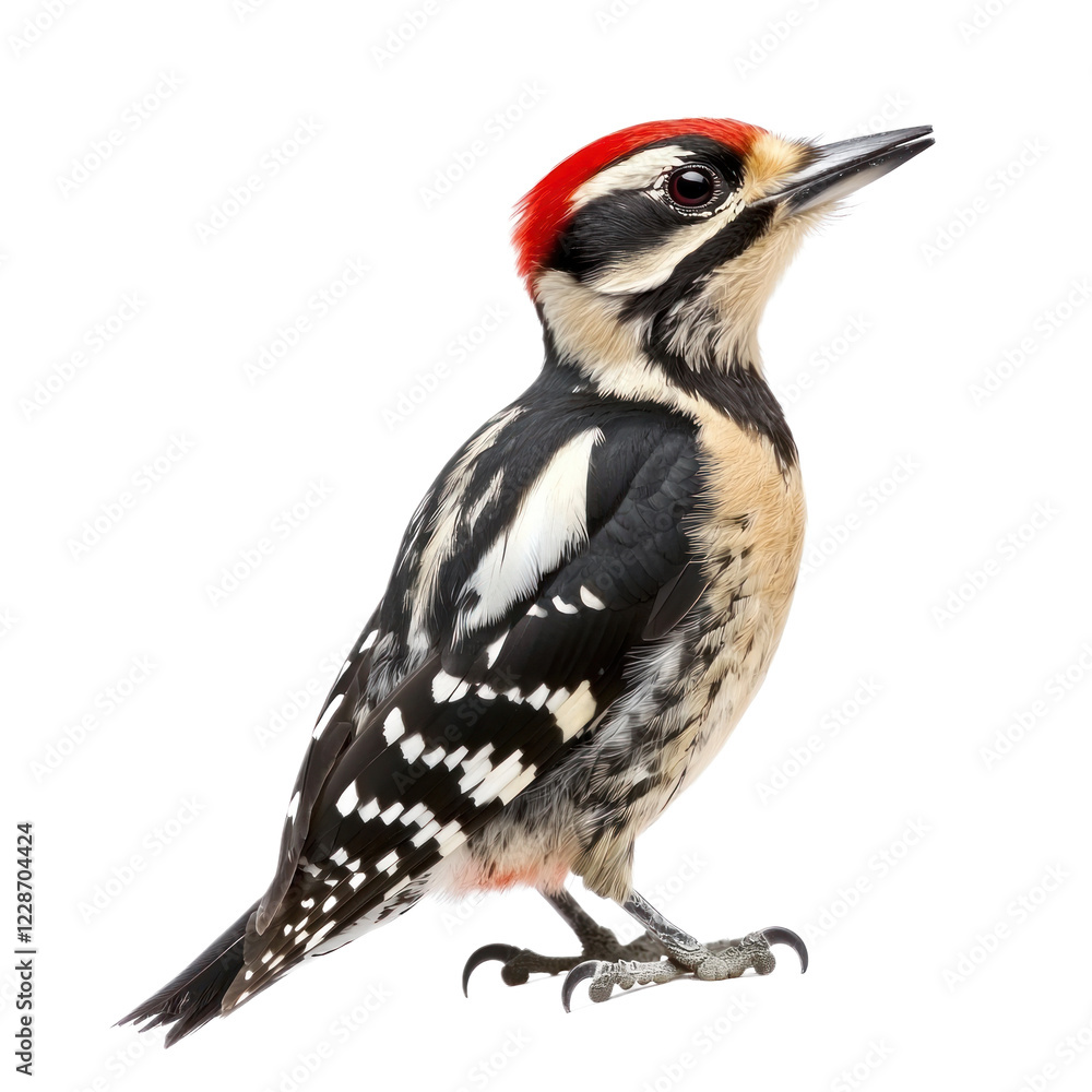 Fototapeta premium Woodpecker (Downy or Hairy), known for pecking at trees, with distinctive patterns on plumage. isolated on transparency background