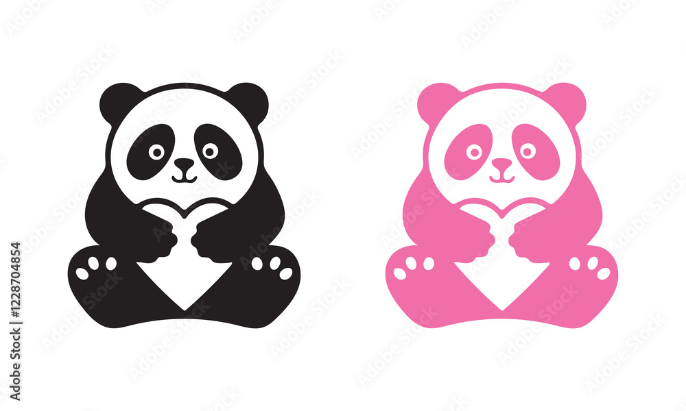 Fototapeta premium Cute panda icon with holding heart, black and pink options vector art illustration