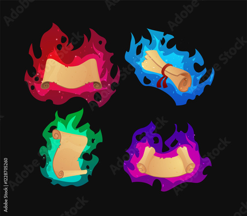 Cartoon parchment roll in colorful fire flame vector set, hot vintage paper scroll, game antique manuscript or papyrus