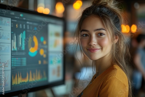 Free Download Young Woman Smiling While Analyzing Data on Computer Screen - GFXLoad