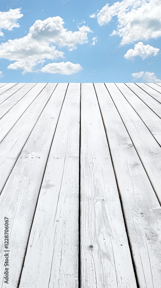White Wooden Deck Against a Blue Sky with Clouds: A Serene Summer Day