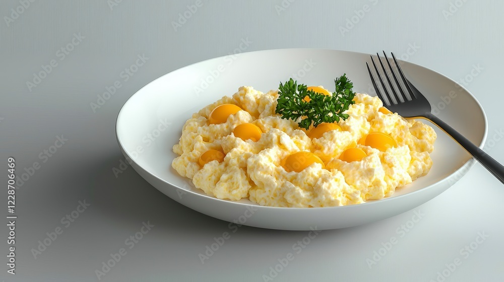 Creamy Scrambled Eggs with Fresh Egg Yolks and Green Garnish on a White Plate for Breakfast or Brunch Creamy Scrambled Eggs with Fresh Egg Yolks and Green Garnish on a White Plate for Breakfast or Brunch