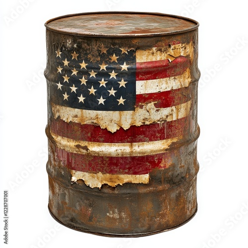 Rusty metal barrel with faded American flag. photo