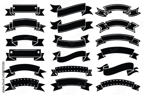 A set of black banners with ribbons on a white background