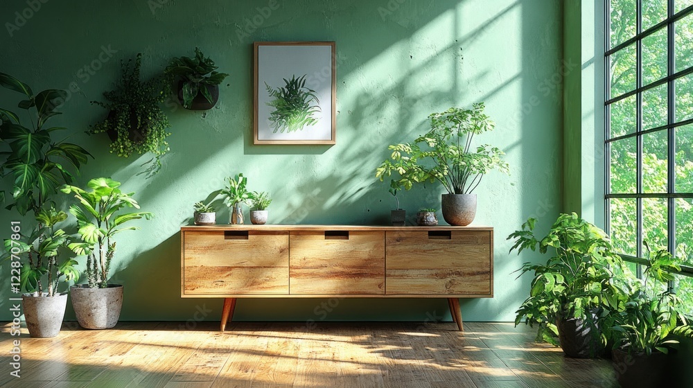 Minimalist Living Room with Light Wooden Cabinet and Soft Green Wall Minimalist Living Room with Light Wooden Cabinet and Soft Green Wall