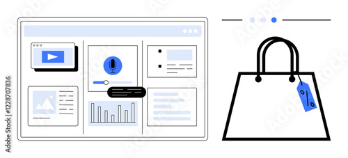 Interface with video, search, and analytics modules next to a shopping bag with a price tag. Ideal for e-commerce, online shopping, digital marketing, analytics, sales analysis, retail strategy