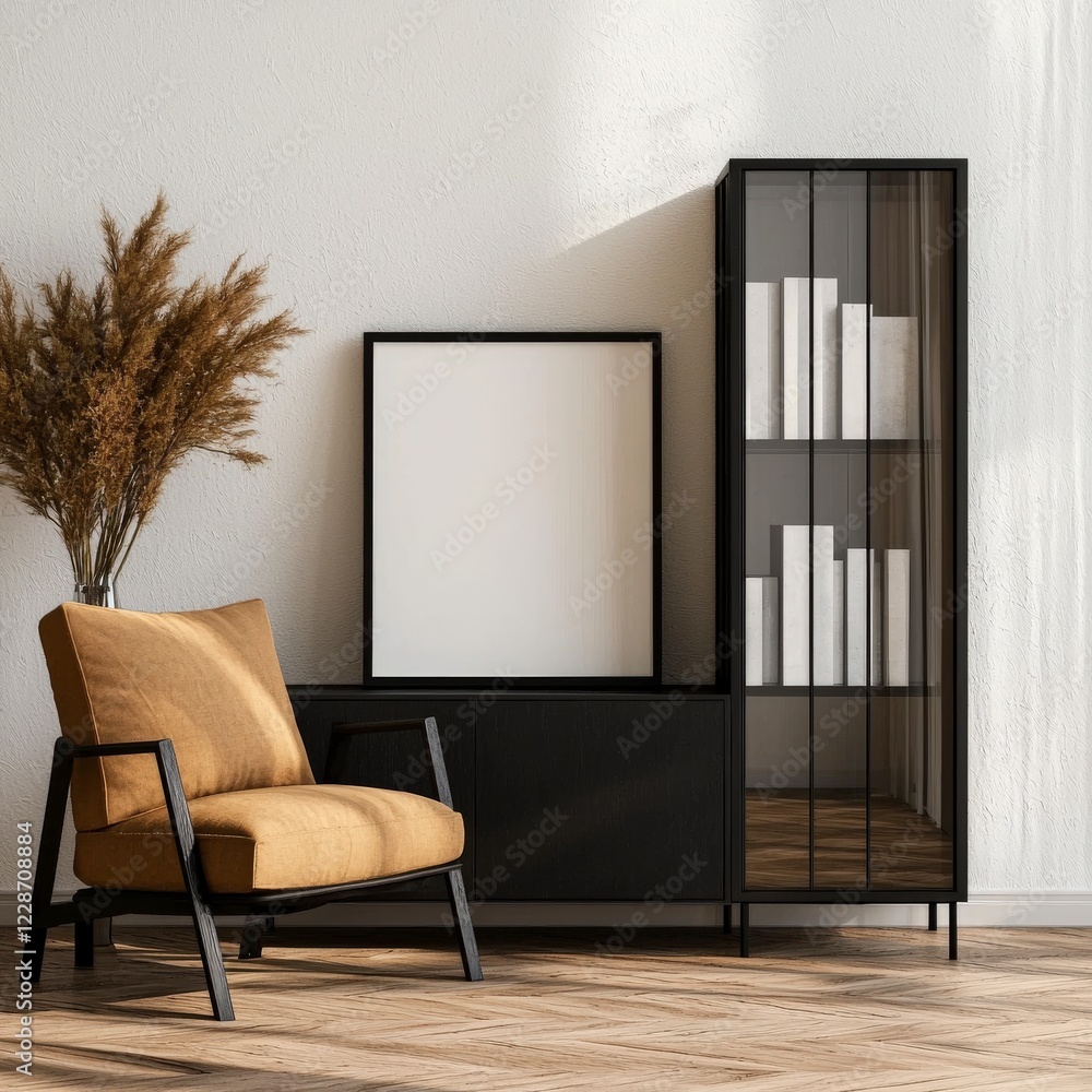 Cozy interior scene with modern furniture, empty frame, and stylish display cabinet in a warm, inviting living space Cozy interior scene with modern furniture, empty frame, and stylish display cabinet in a warm, inviting living space
