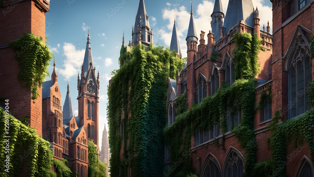 Naklejka premium Ivy-covered brick Gothic architecture buildings with towering spires create a picturesque urban scene.