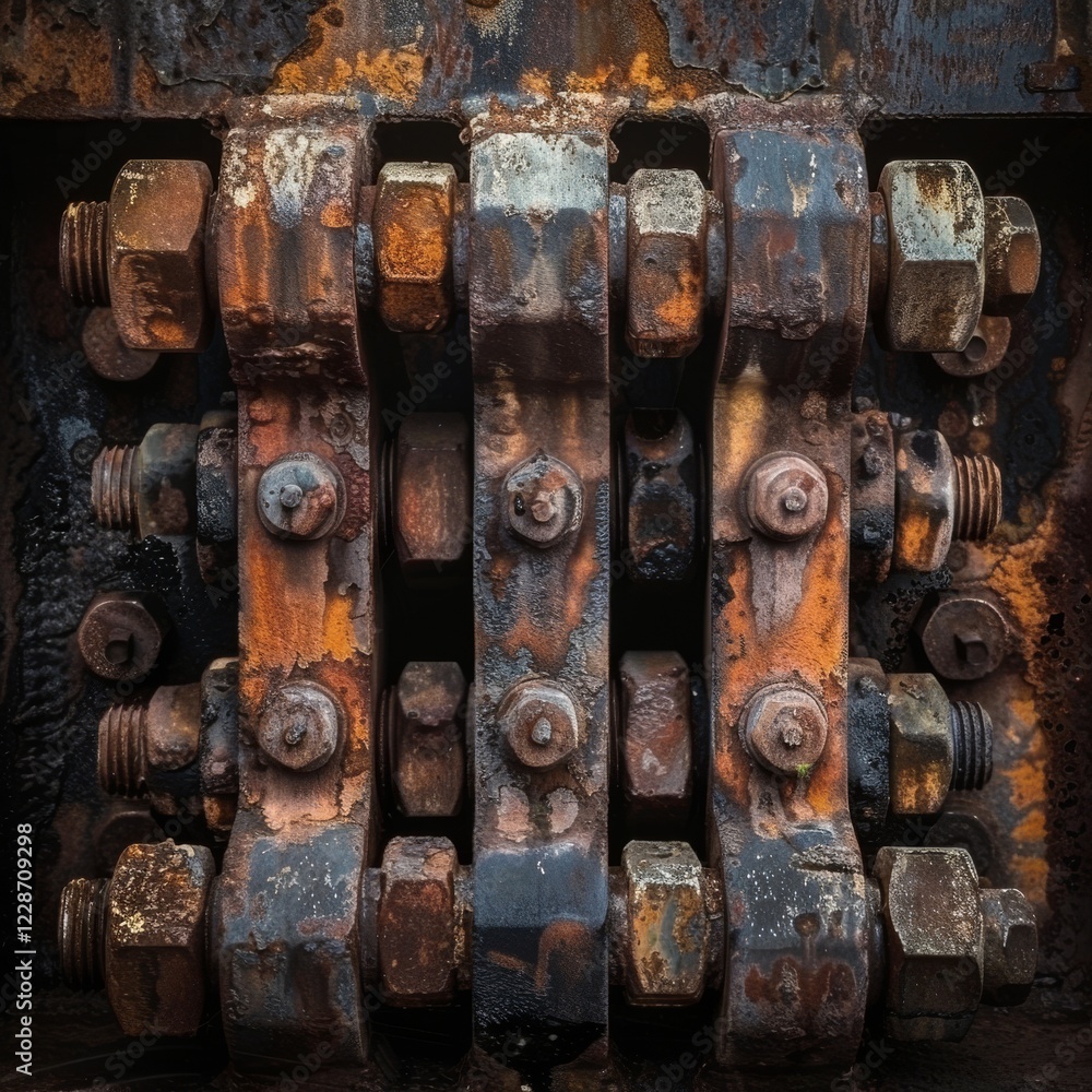 Deteriorating Beauty: Close-Up of Rusted Bolts on Industrial Surface Revealing Textured Decay and Patina Deteriorating Beauty: Close-Up of Rusted Bolts on Industrial Surface Revealing Textured Decay and Patina