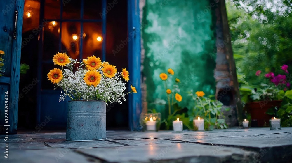 Fototapeta premium Rustic Sunflower Wedding Backdrop Flowers Candles Vintage Door