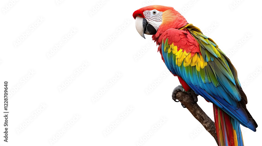 Fototapeta premium Colorful macaw parrot perched on a branch, showcasing vibrant feathers against a white isolated background.
