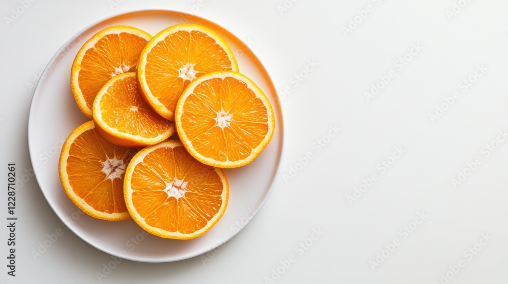 A minimalist arrangement of fresh orange slices, neatly fanned out on a simple white ceramic plate, Oranges centered A minimalist arrangement of fresh orange slices, neatly fanned out on a simple white ceramic plate, Oranges centered