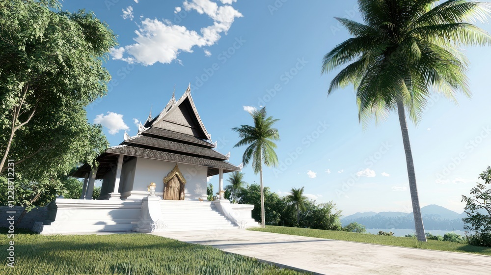 White Tropical Temple Architecture Under Sunny Sky White Tropical Temple Architecture Under Sunny Sky