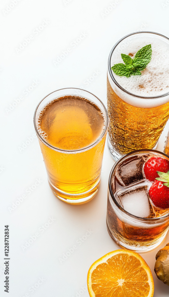Refreshing assortment of drinks with fruits and mint garnish. Refreshing assortment of drinks with fruits and mint garnish.