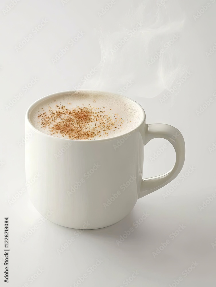 Steaming spiced latte in white mug, on white background, for cafe menu or blog Steaming spiced latte in white mug, on white background, for cafe menu or blog