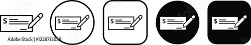 Payment check icon in flat and line style set. vector for apps or website bank cheque symbol. paycheck sign in black Bank Check related glyph icon. Isolated on transparent background.