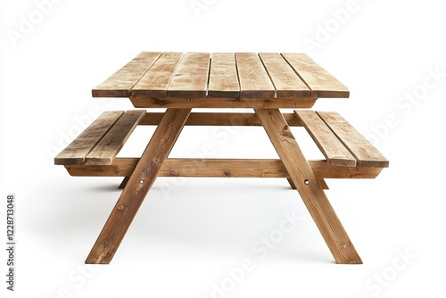 Rustic wooden picnic table with benches isolated on white background. photo