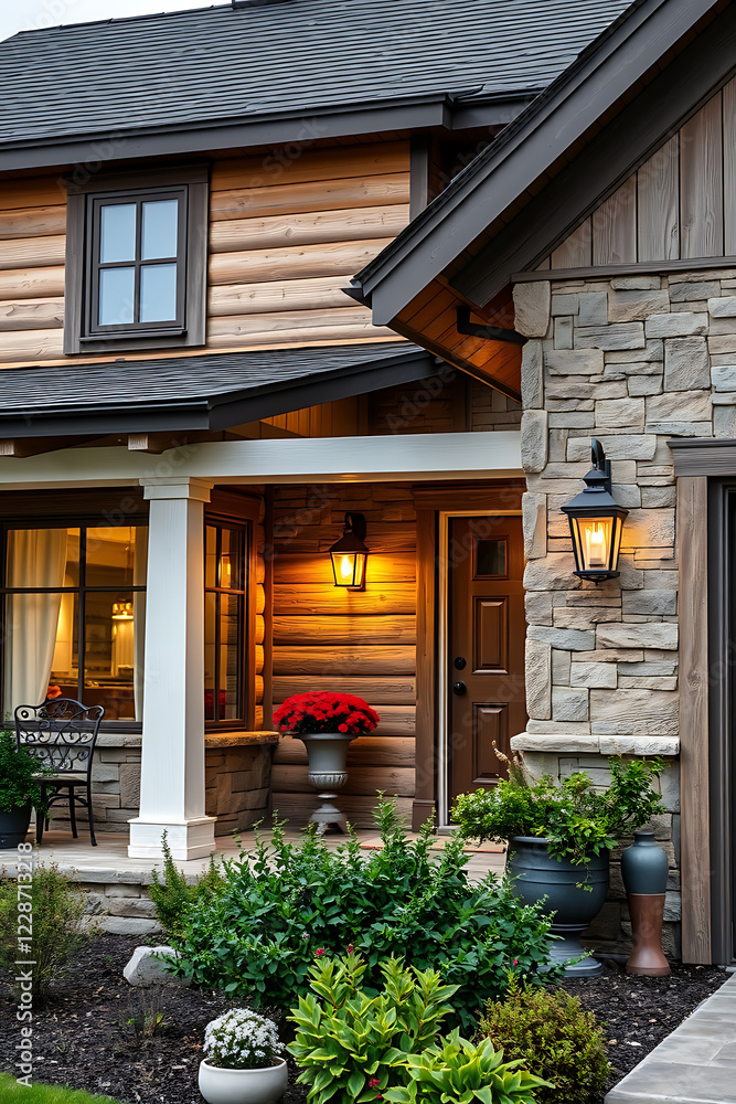 Obraz premium Luxury Log Cabin Home Exterior at Night. Modern Architecture, Stone and Wood Design. Beautiful Garden and Landscape. Real Estate