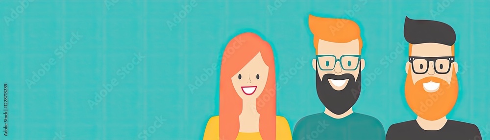 Happy diverse team smiling, teal background, website header Happy diverse team smiling, teal background, website header
