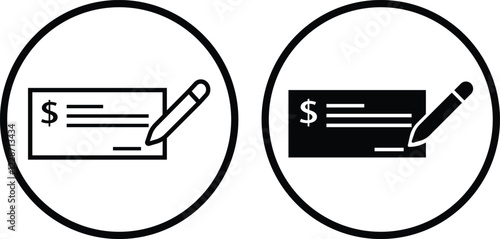 Payment check icon in flat and line style set. vector for apps or website bank cheque symbol. paycheck sign in black Bank Check related glyph icon. Isolated on transparent background.