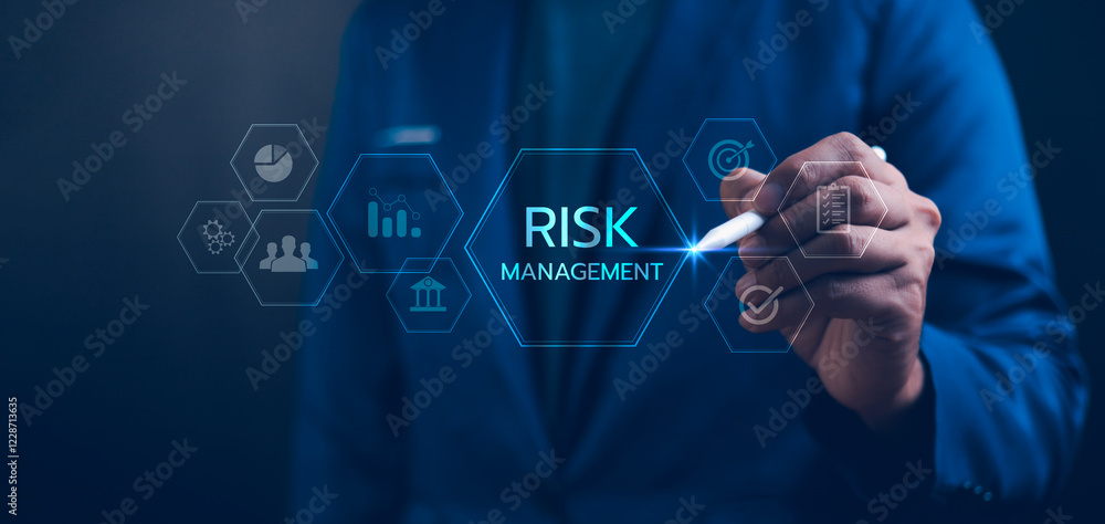 Risk management strategy concept. Businessman Analyzing Risk touchscreen display risk meter, risk management interface with critical strategy. Risky business risk management control and strategy.