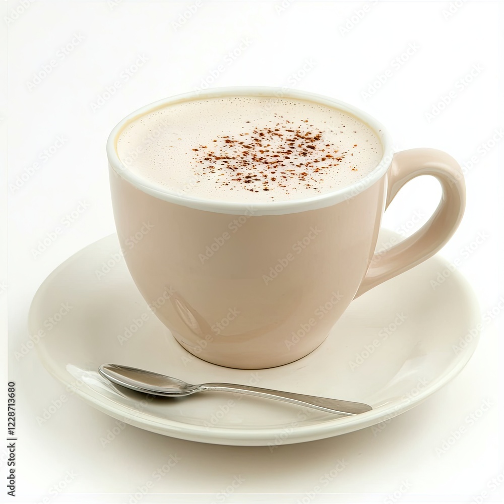 Creamy cappuccino, saucer, spoon, white background, cafe beverage