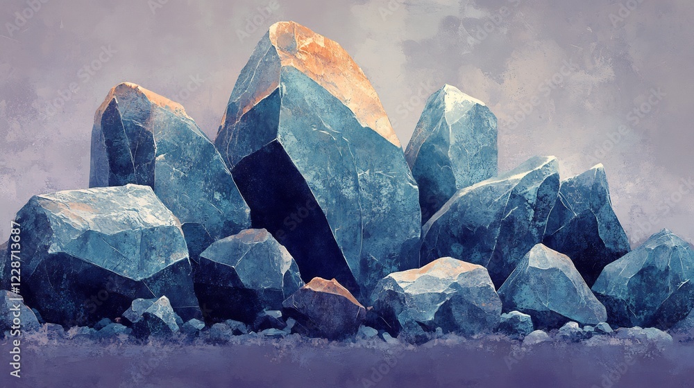 Obraz premium Glistening blue crystals dramatically arranged under soft light. AI Generated