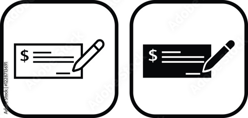 Payment check icon in flat and line style set. vector for apps or website bank cheque symbol. paycheck sign in black Bank Check related glyph icon. Isolated on transparent background.
