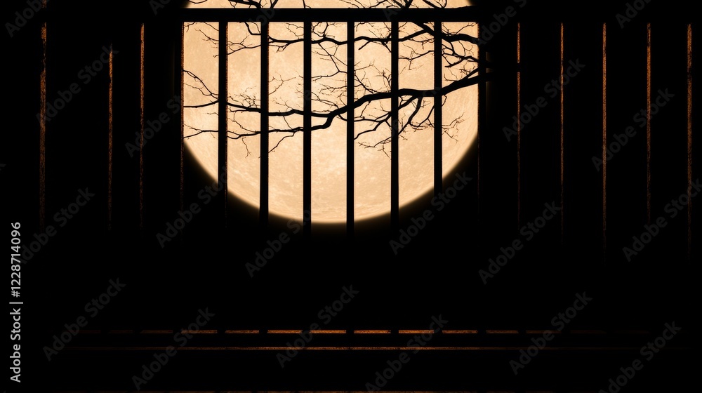 Fototapeta premium Full Moon Night Behind Prison Bars Silhouette