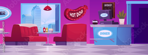 Diner cafe interior with Hot dog signboard, vector flat red sofa with table, bar counter, vintage fast food restaurant