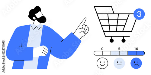 Man pointing at shopping cart with 3 notification and satisfaction rating scale featuring happy, neutral, and sad faces. Ideal for online shopping, customer feedback, e-commerce analysis, user