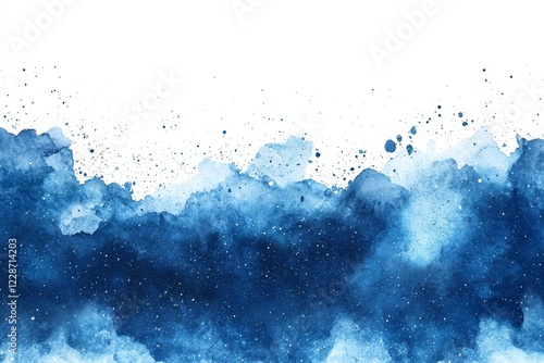 Abstract blue watercolor wash texture with splatters on white background.