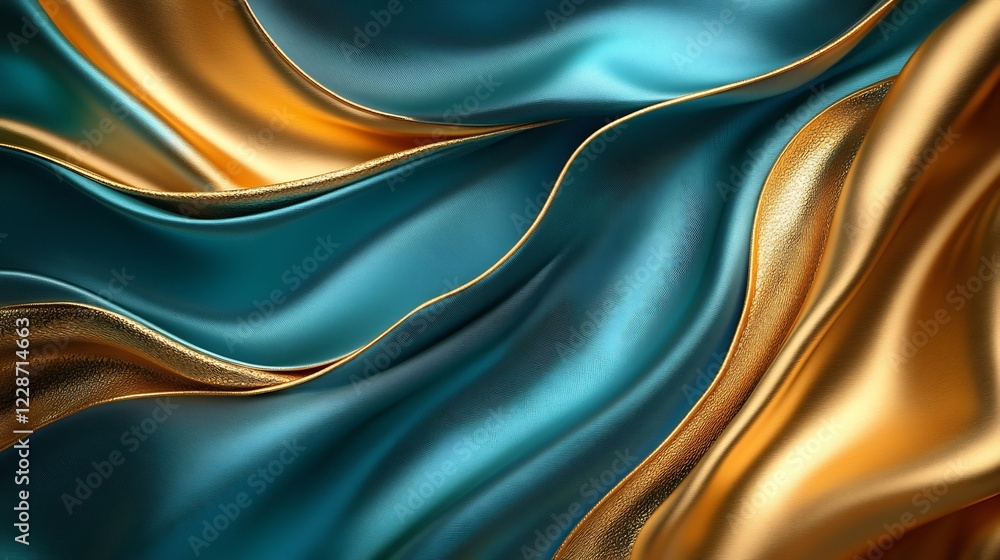 Fluid Teal Gold Silk Drapes Softly Illuminated. AI Generated Fluid Teal Gold Silk Drapes Softly Illuminated. AI Generated