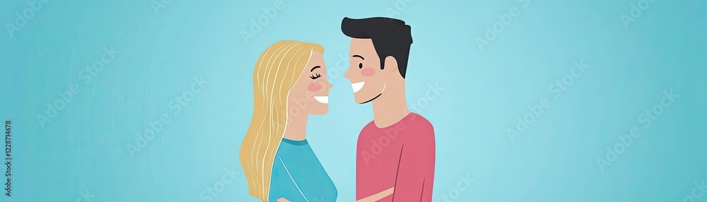 Happy couple smiling, facing each other, blue background. Romantic illustration for dating sites Happy couple smiling, facing each other, blue background. Romantic illustration for dating sites