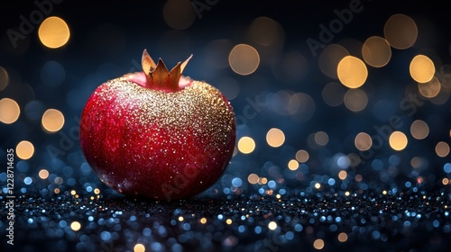 Glittery pomegranate, festive bokeh background, holiday card