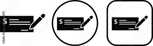 Payment check icon in flat and line style set. vector for apps or website bank cheque symbol. paycheck sign in black Bank Check related glyph icon. Isolated on transparent background.