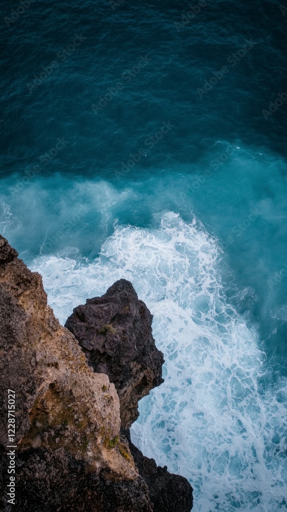 Fototapeta premium Dramatic Overhead Coastal Cliffs Ocean Waves Crashing on Rocks