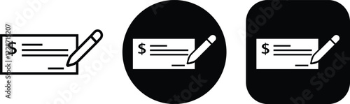 Payment check icon in flat and line style set. vector for apps or website bank cheque symbol. paycheck sign in black Bank Check related glyph icon. Isolated on transparent background.