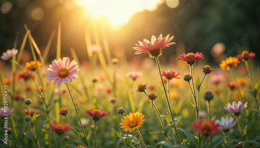 Vibrant flower field with colorful blooms under golden sunset Vibrant flower field with colorful blooms under golden sunset