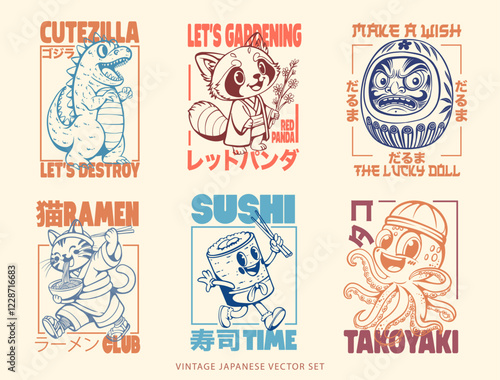 Vintage japanese vector set, Japanese t-shirt designs bundle, Japan style graphics collection. Culture vector illustration pack. Vintage clothing design, t-shirt design bundle
