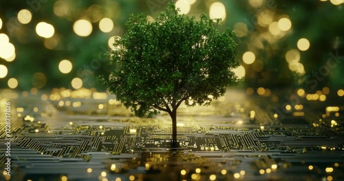 Green plant is growing on top of a computer chip. A digital tree with circuit board branches representing the growth and evolution of technology innovation and smart systems.