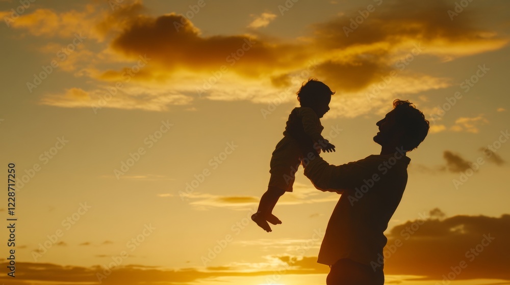 A Silhouette of a Father Holding His Child in the Air Against a Golden Sunset Sky